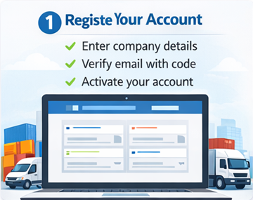 Formulario de registro de transportista en ExusTrans con datos de empresa, NIF-IVA y activación por correo electrónico.